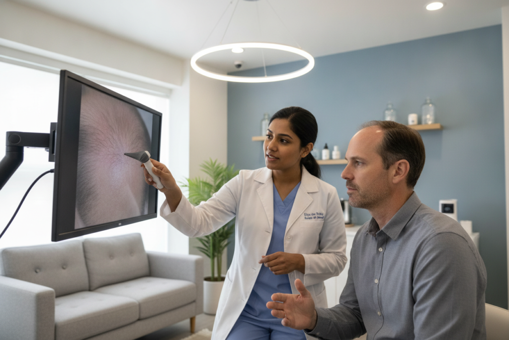 Dermatologist discussing hair loss and scalp health with an adult patient