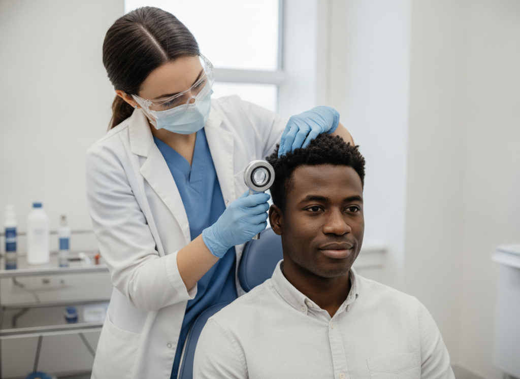 Dermatologist examining a patient's scalp for hair loss