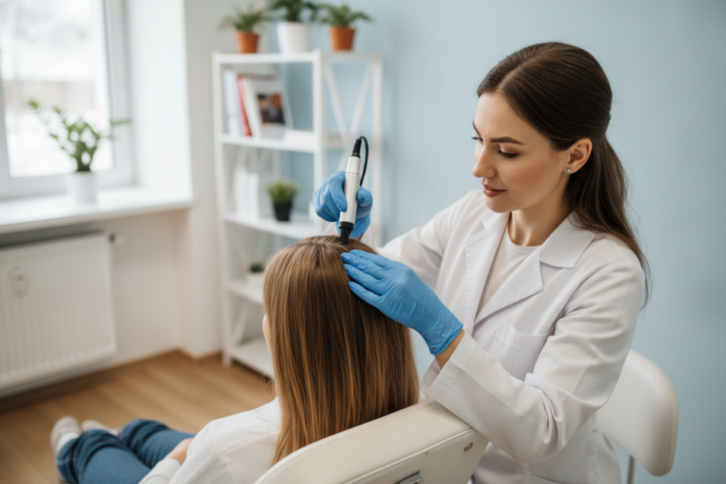 Dermatologist examining a patient’s scalp for irritation