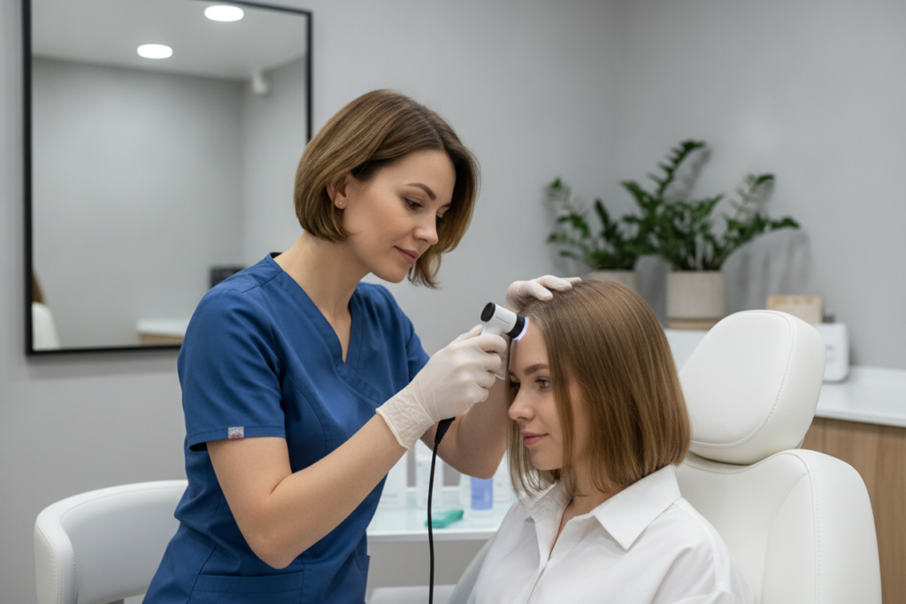 Dermatologist examining a scalp and hair concern