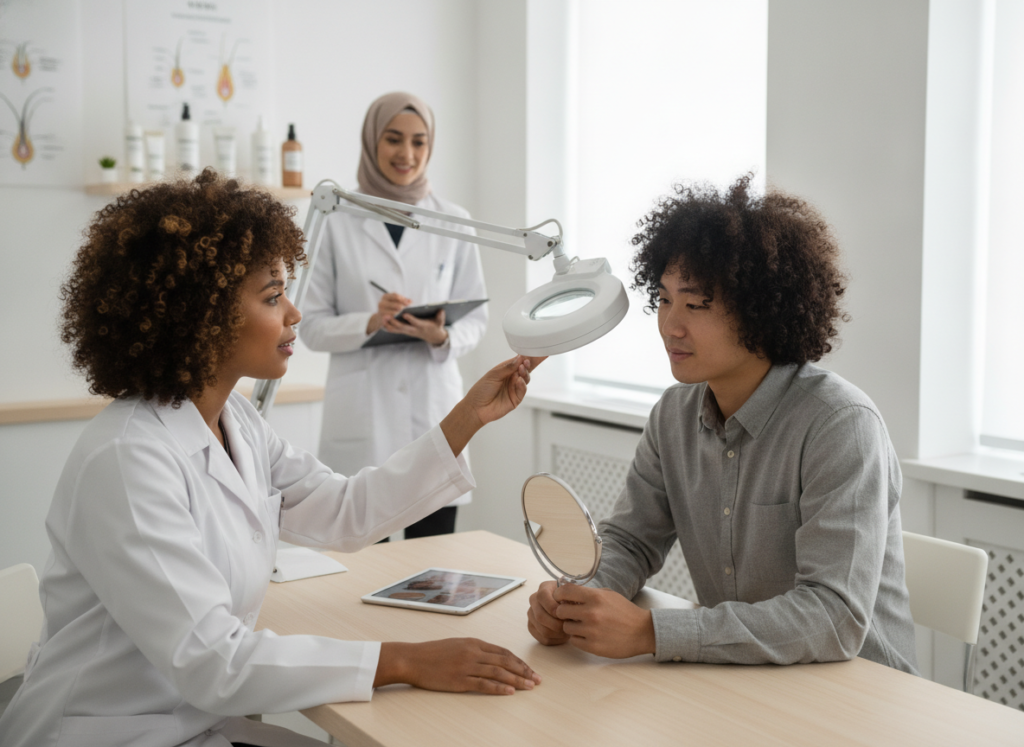 Dermatology consultation for unusual curly hair loss