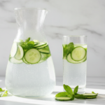 Detox Water for Clear Skin with fresh cucumber slices and mint leaves in glass pitcher