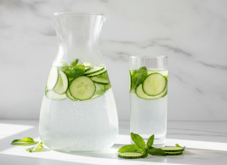 Detox Water for Clear Skin with fresh cucumber slices and mint leaves in glass pitcher