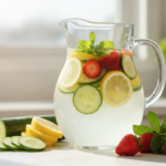 Detox Water for Glowing Skin with fresh fruits and herbs in glass pitcher