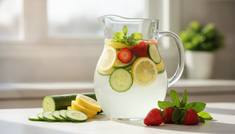 Detox Water for Glowing Skin with fresh fruits and herbs in glass pitcher