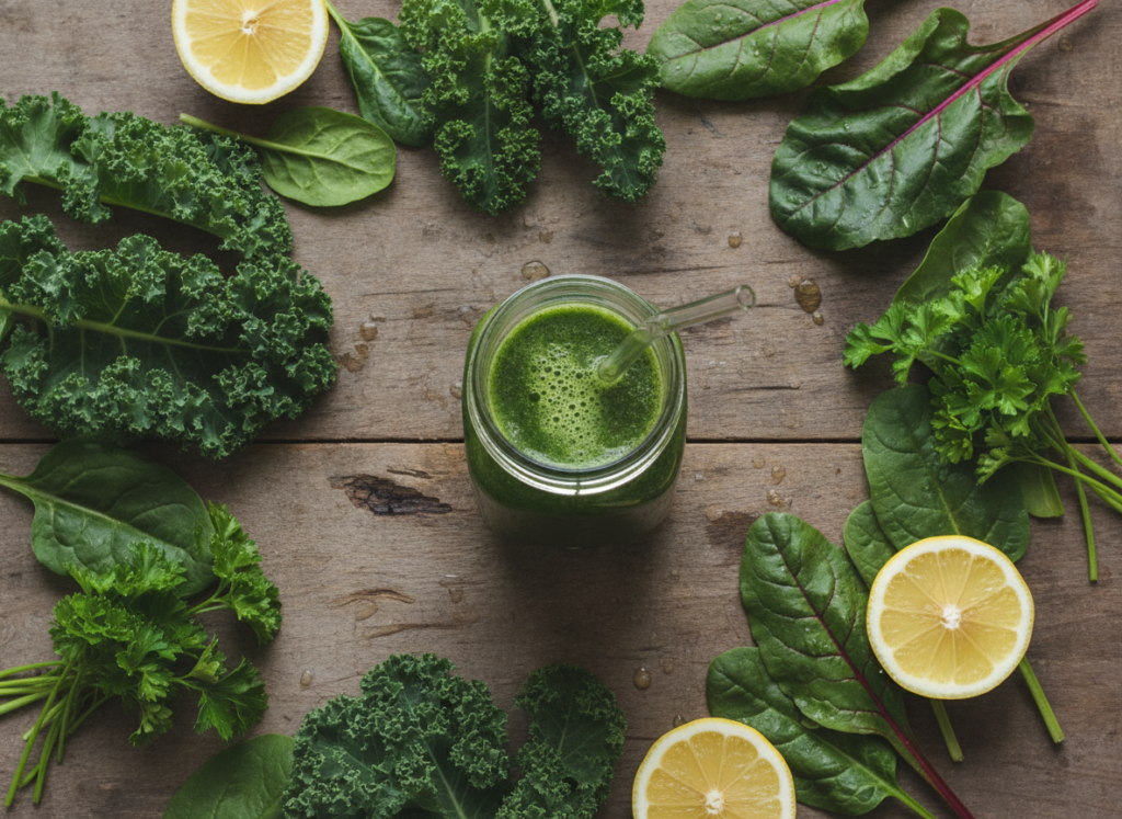 Detoxifying green juice recipes for clear healthy skin with cleansing ingredients