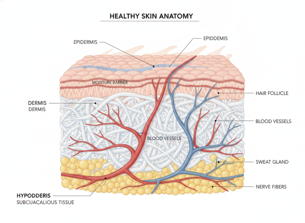 Diagram showing layers of healthy glowing skin with moisture barrier and blood circulation