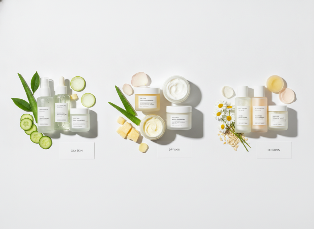 Different natural skincare products suited for various skin types