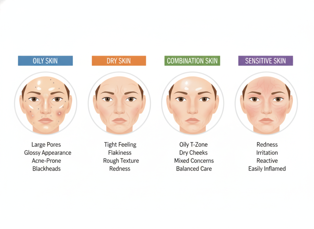 Different skin types comparison showing clear skin characteristics Different skin types comparison showing clear skin characteristics