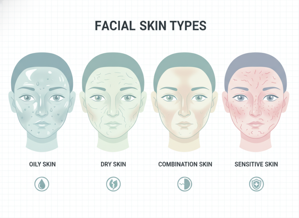 Different skin types comparison showing oily, dry, combination and sensitive skin textures Different skin types comparison showing oily, dry, combination and sensitive skin textures