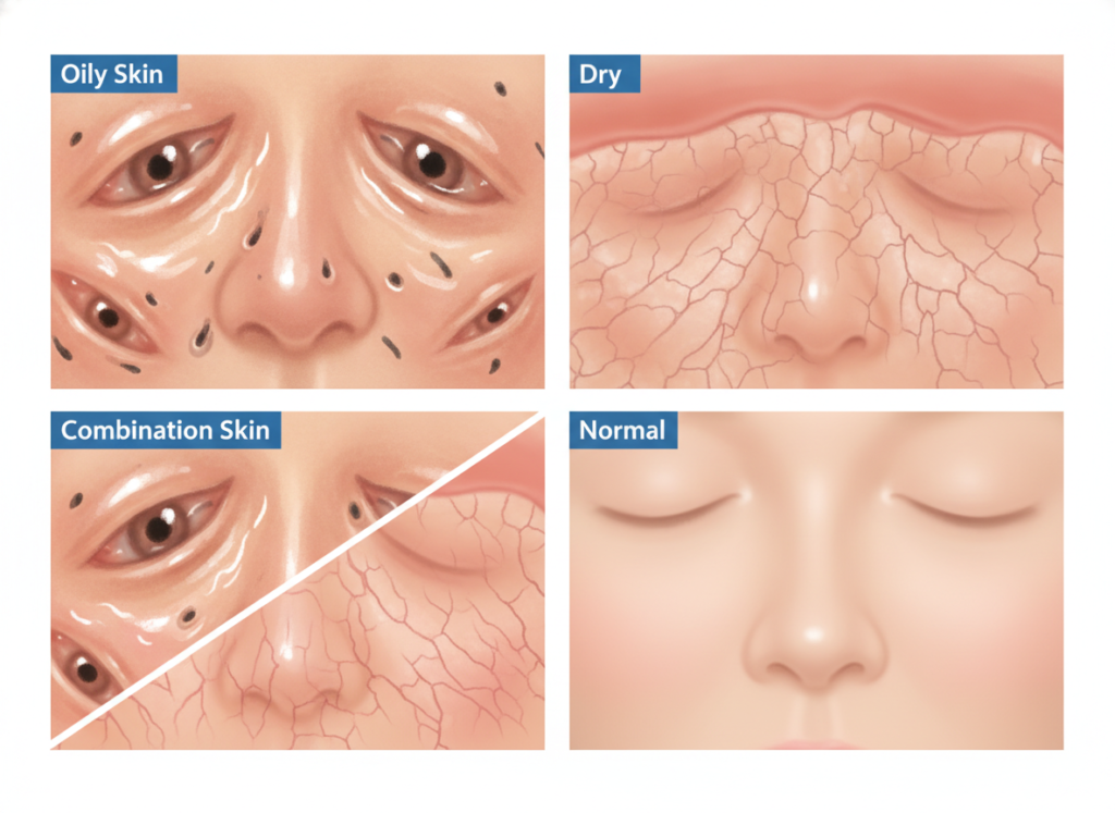 Different skin types comparison showing various skin textures and conditions