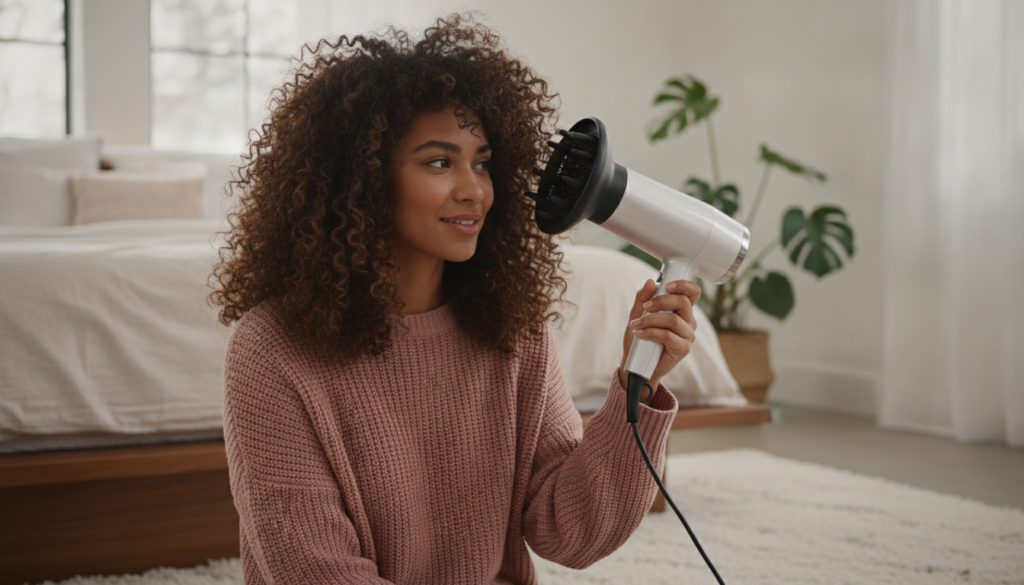 Diffuser hair dryer drying defined curly hair on low heat