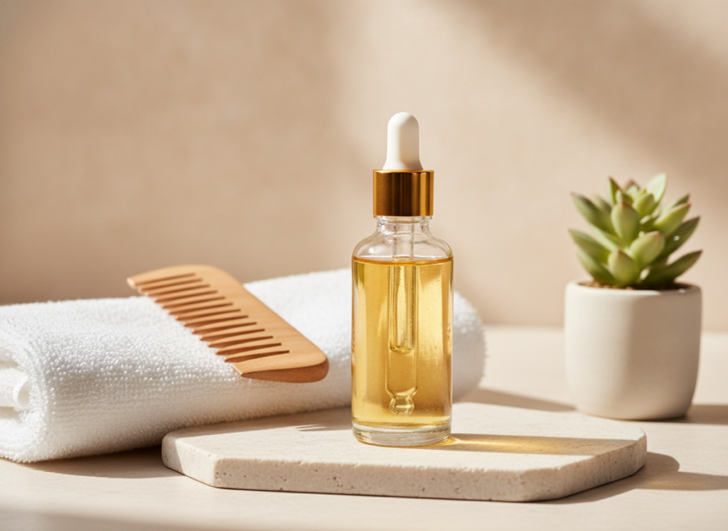 Dropper bottle of hair serum beside a scalp care routine Dropper bottle of hair serum beside a scalp care routine