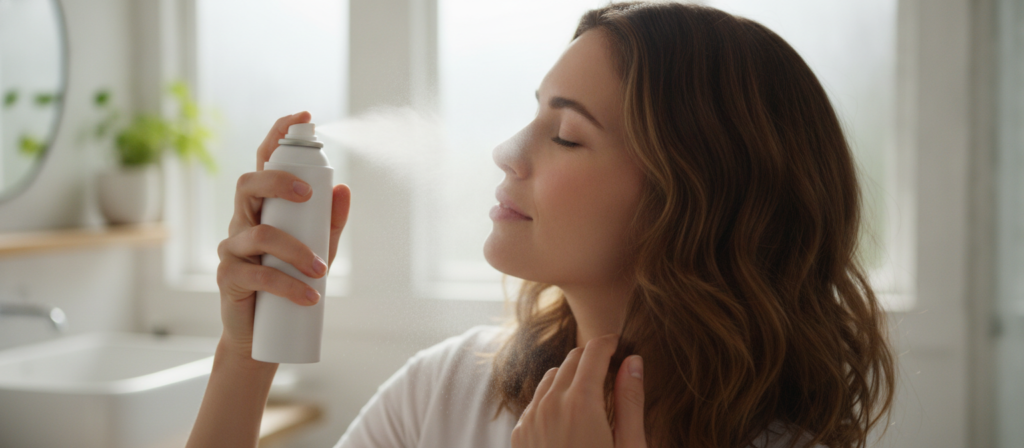 Dry shampoo used lightly at the hair roots Dry shampoo used lightly at the hair roots