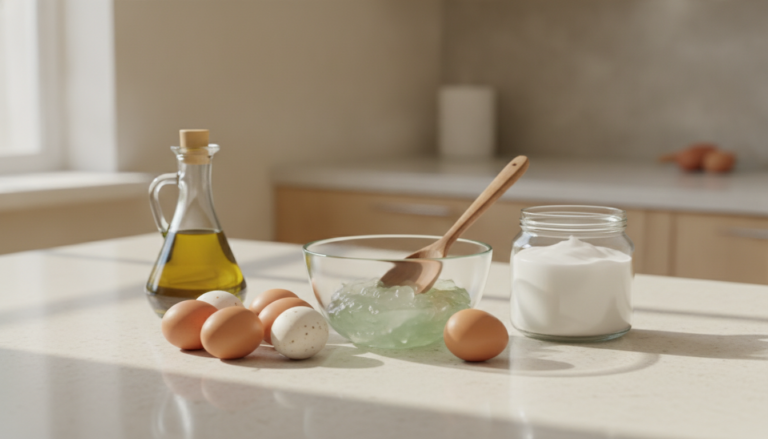 Egg Hair Masks for Hair Growth ingredients on a bright kitchen counter