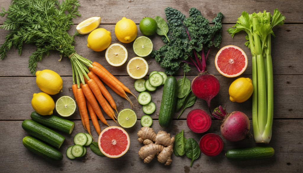 Essential juice ingredients including carrots, oranges, and leafy greens for healthy skin recipes