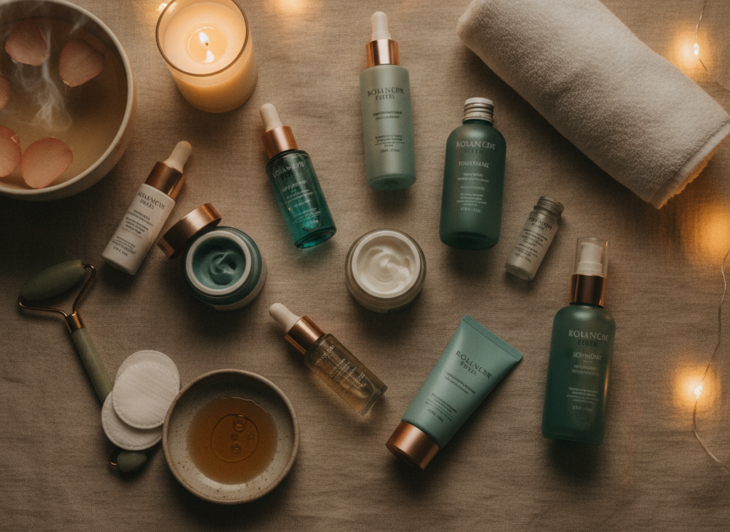 Evening skincare products with soft lighting