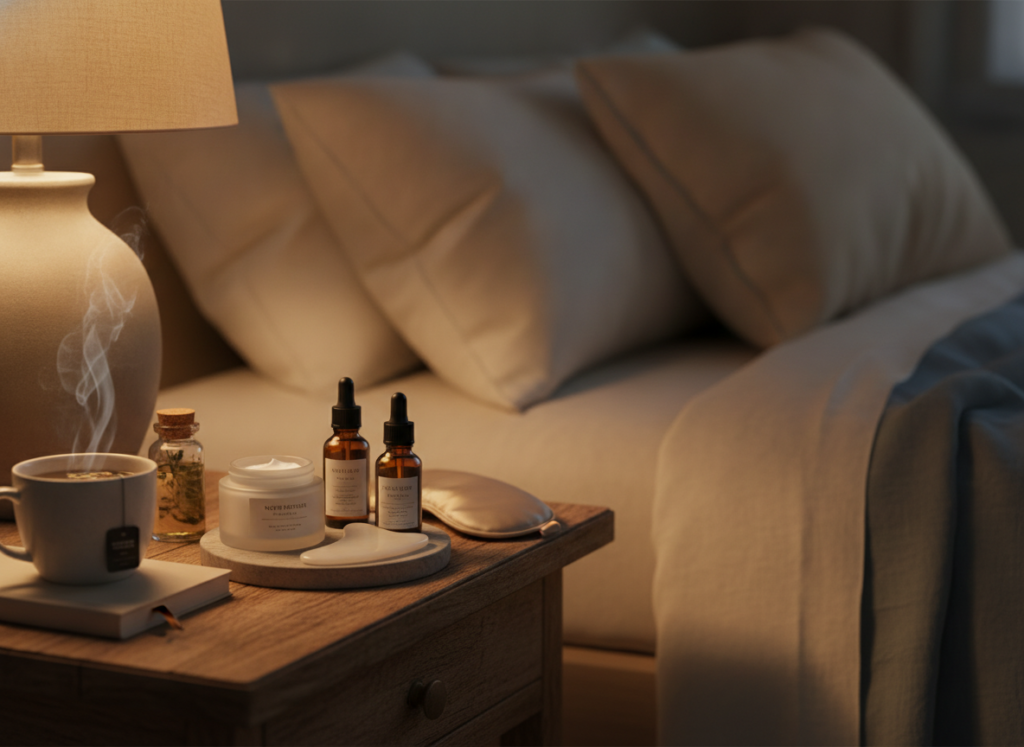 Evening skincare routine showing nighttime products and rituals