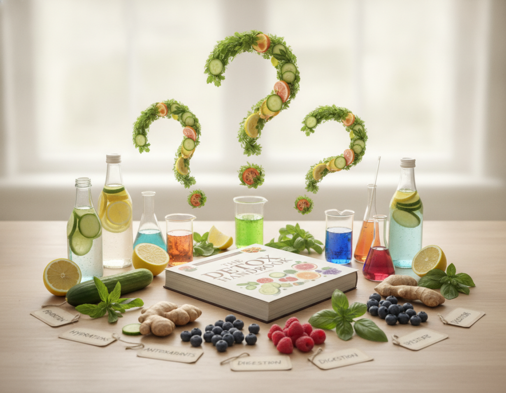 FAQ concept with detox water ingredients and question marks symbolizing common concerns