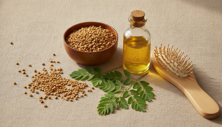 Fenugreek for Hair Growth seeds beside healthy hair care ingredients