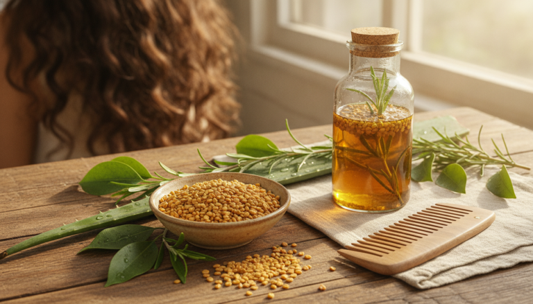 Fenugreek for Hair Growth with seeds beside natural hair-care tools