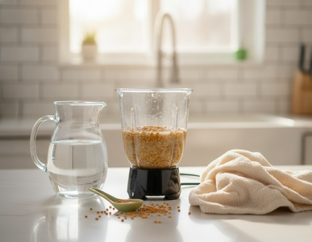 Fenugreek hair care preparation with soaked seeds and clean bowl
