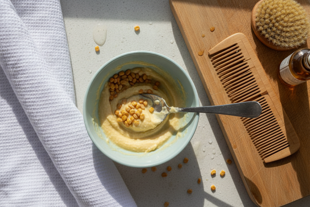 Fenugreek paste being prepared for scalp and hair care