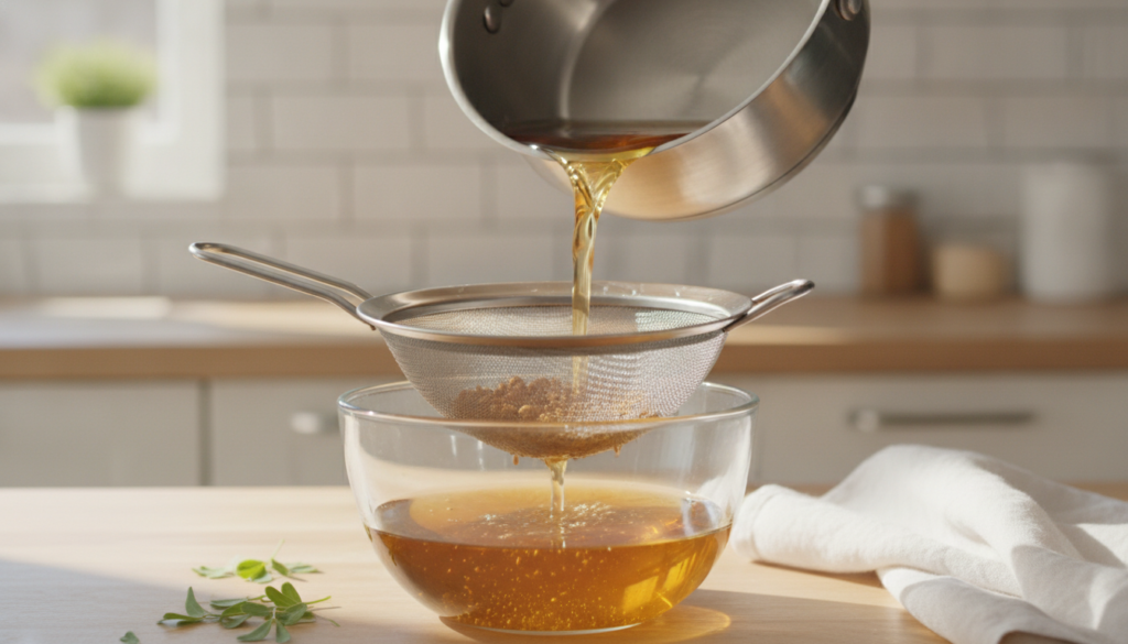Fenugreek rinse being strained for a hair care routine