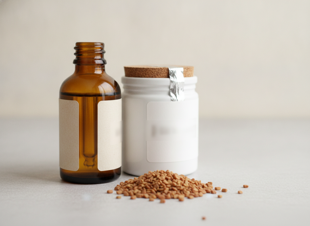 Fenugreek seed extract and cosmetic oil with ingredient labels turned away
