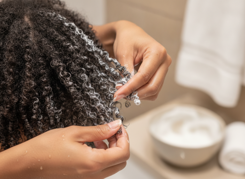 Finger detangling sectioned 4C curls with conditioner