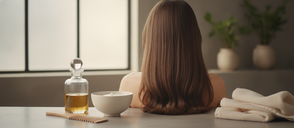 Finished rice water hair routine with smooth-looking hair and clean supplies Finished rice water hair routine with smooth-looking hair and clean supplies