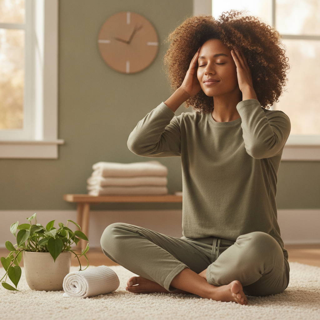 Five-minute scalp massage routine shown with a simple relaxed self-care setup