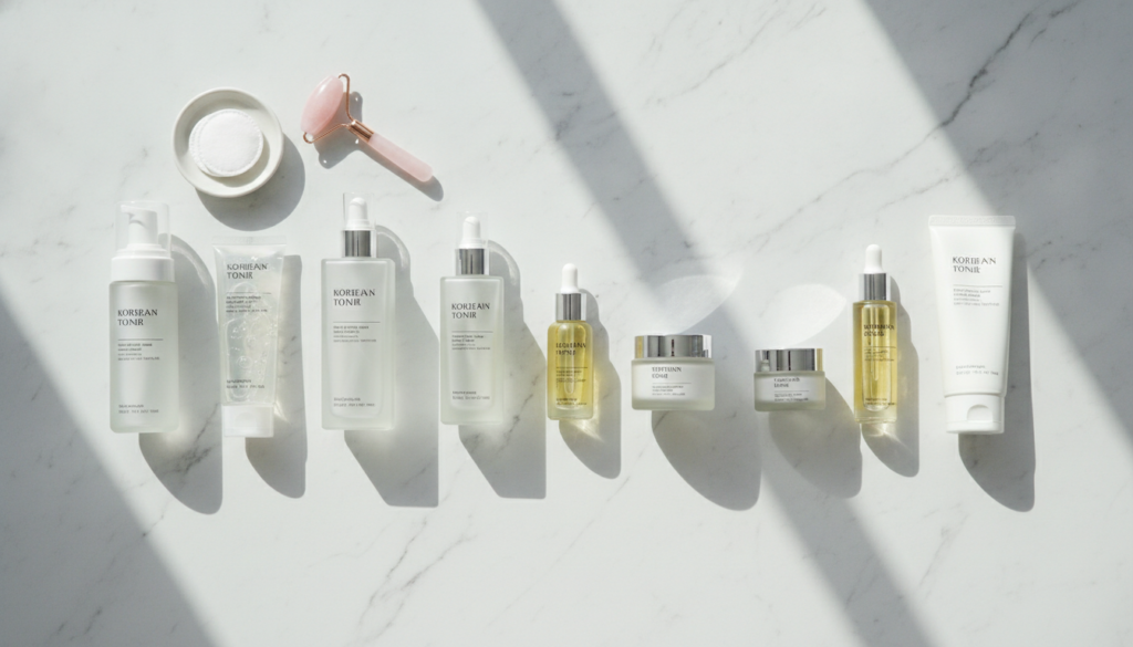 Flat lay of glass skin care routine products arranged in order