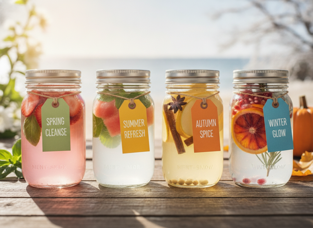 Four different detox water recipes representing each season of the year