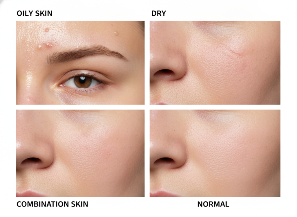 Four different skin types shown in skincare comparison for clear skin naturally