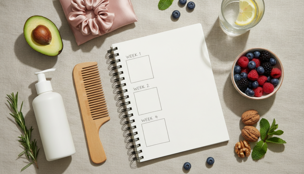 Four week hair care plan with healthy hair routine tools