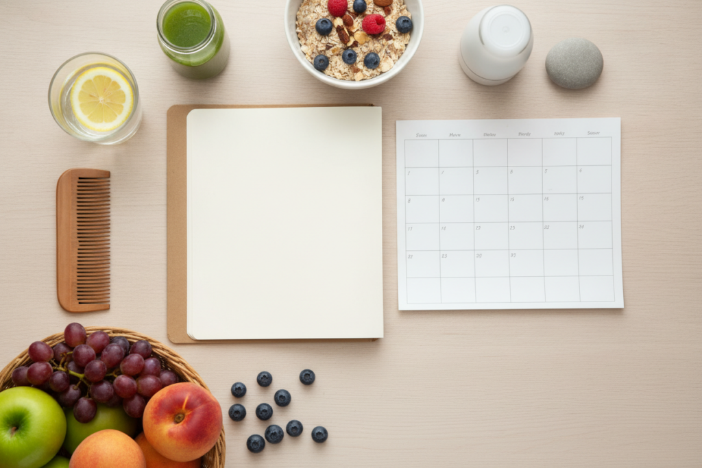 Four-week hair-care planning items on a desk