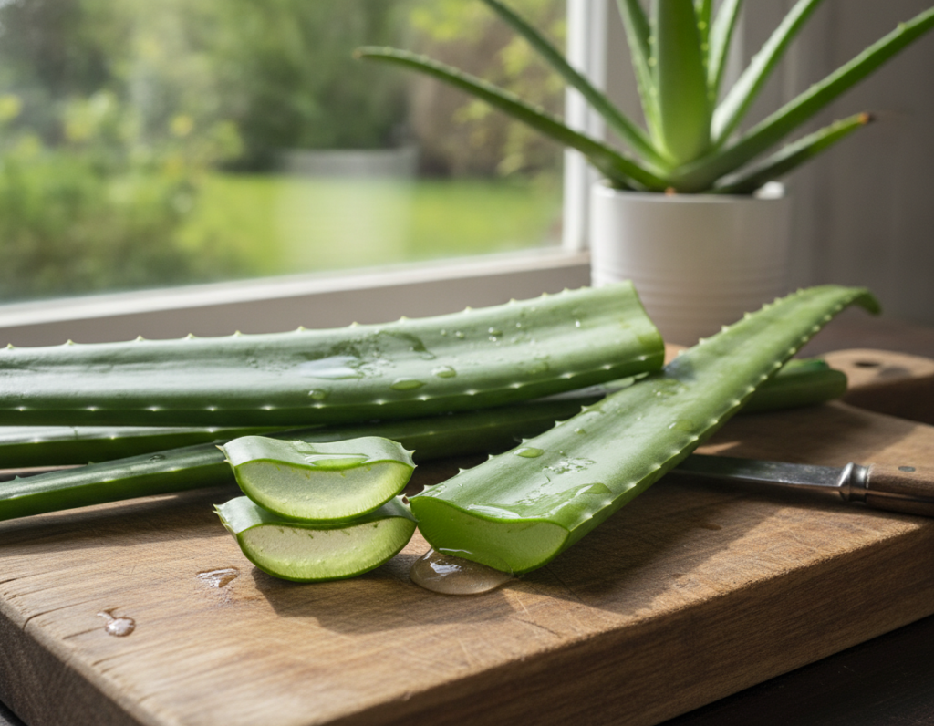 Fresh aloe vera leaves and gel for skin care home remedies