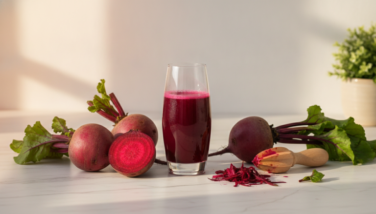 Fresh beetroot juice in glass with raw beetroot for glowing skin