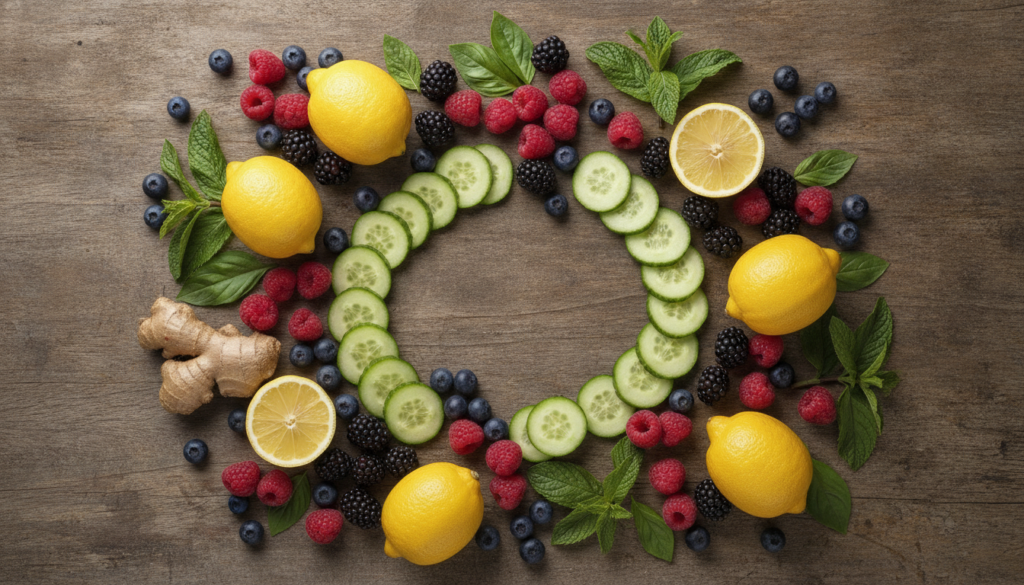 Fresh detox water ingredients including lemon, berries, cucumber and herbs arranged on wooden surface