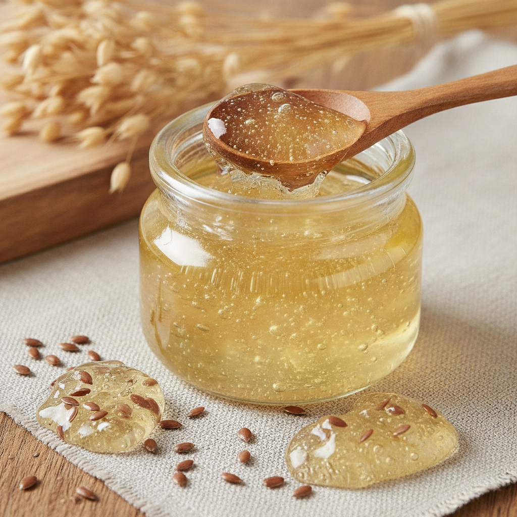Fresh flaxseed gel in a clean glass jar Fresh flaxseed gel in a clean glass jar