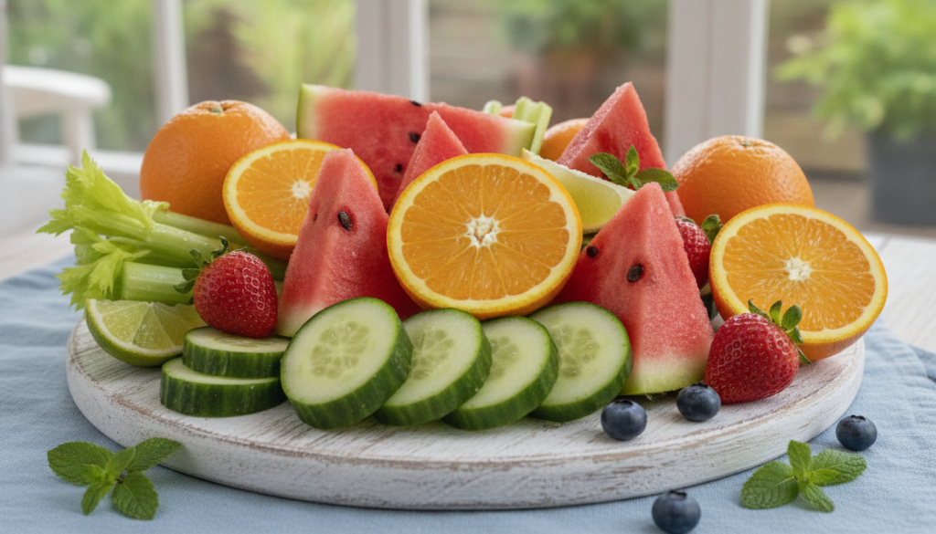 Fresh fruits and vegetables high in water content for skin health