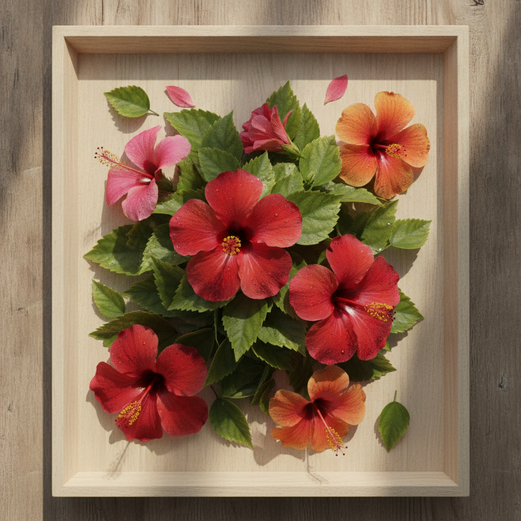 Fresh hibiscus leaves flowers on a wooden tray