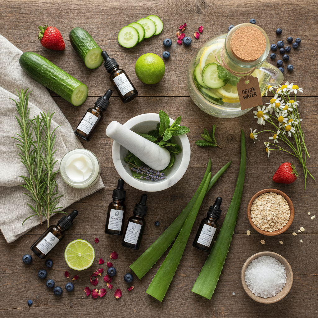 Fresh organic ingredients for detox water and skincare on wooden table