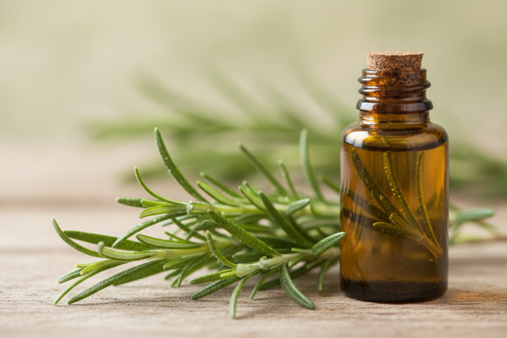 Fresh rosemary beside a homemade hair oil bottle Fresh rosemary beside a homemade hair oil bottle