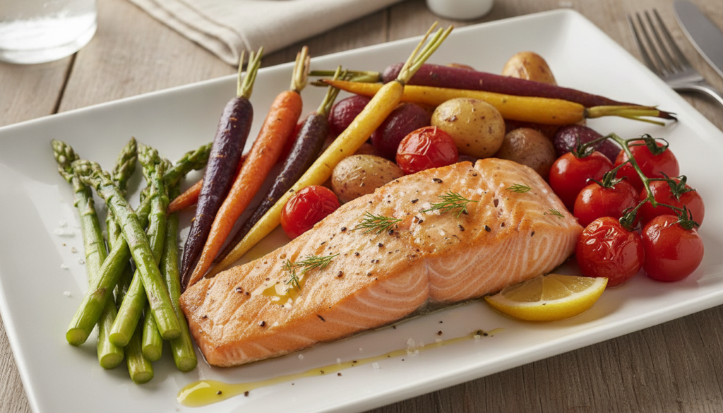 Fresh salmon with vegetables showing omega-3 rich meal for skin