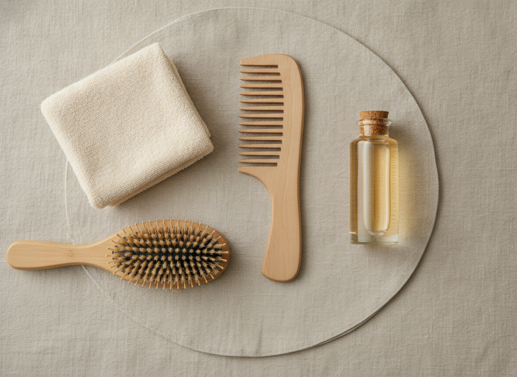 Gentle hair care tools arranged to avoid breakage and scalp irritation Gentle hair care tools arranged to avoid breakage and scalp irritation