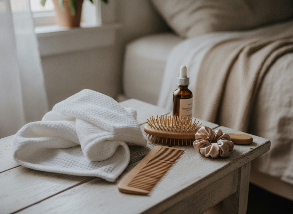 Gentle hair care tools beside a scalp tonic and towel
