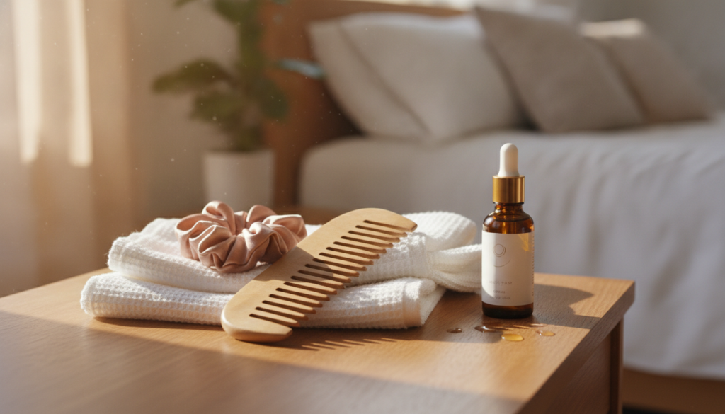 Gentle hair-care tools beside a soft towel and oil bottle