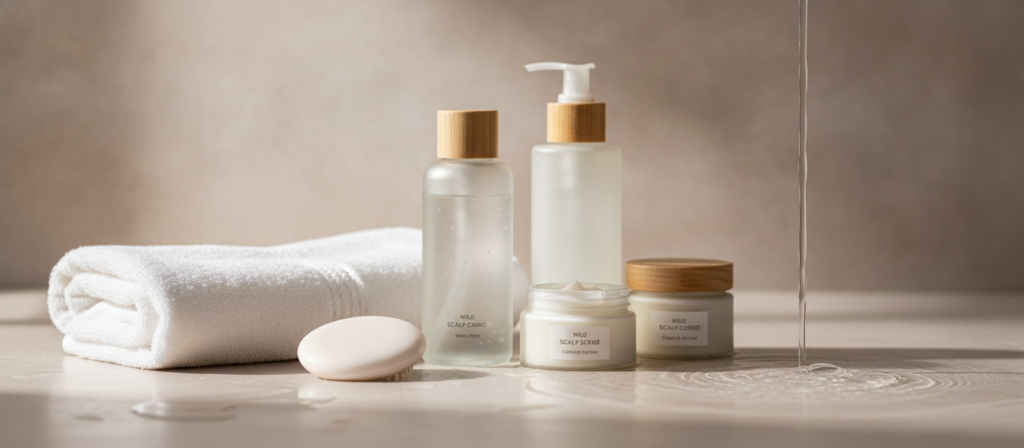 Gentle scalp aftercare products arranged beside a towel